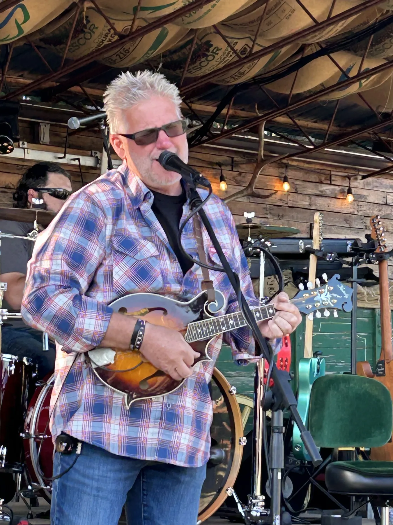 Singer playing mandolin at the mic